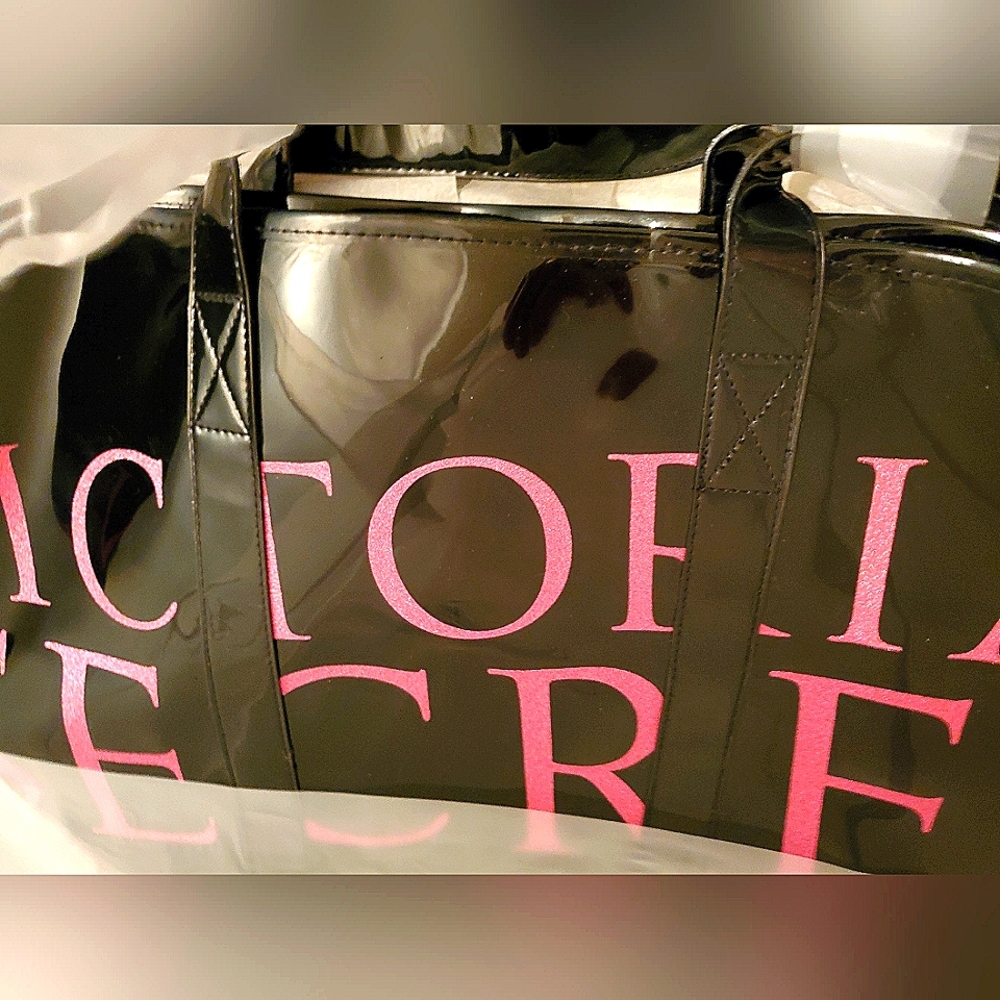 SEE Colorful VS ANGELS Pics Satin Lining!! NWT VS Lg Black Patent Tote Bag